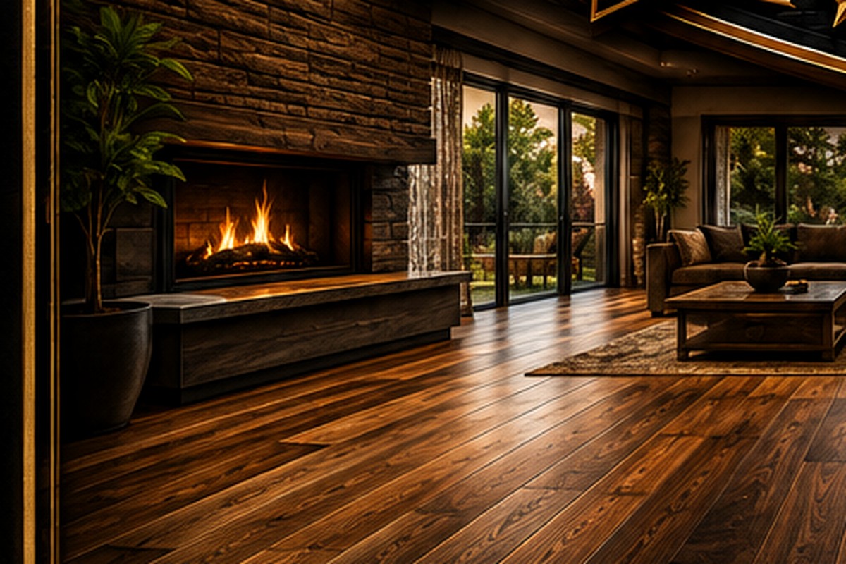 Hardwood flooring near a stone fireplace