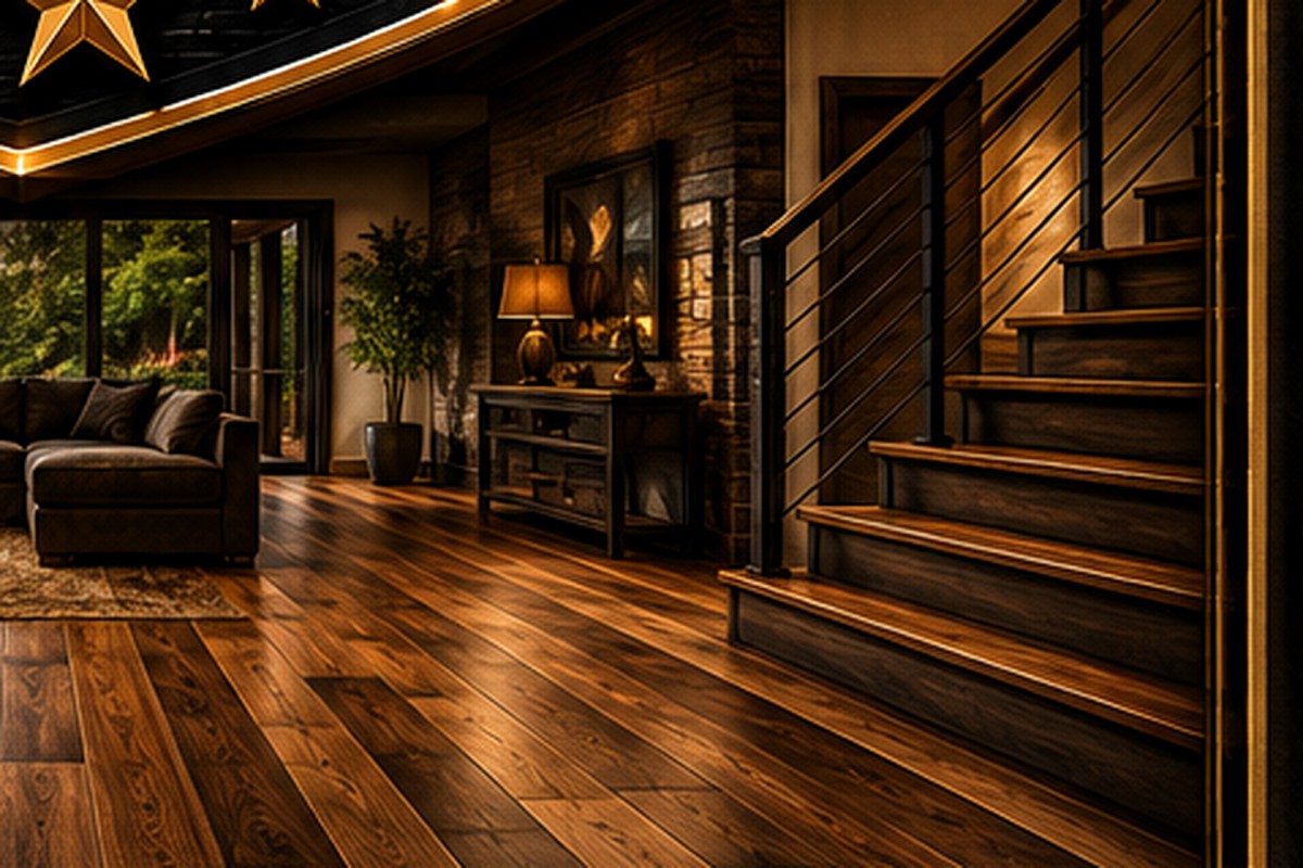 Dark wood flooring and staircase